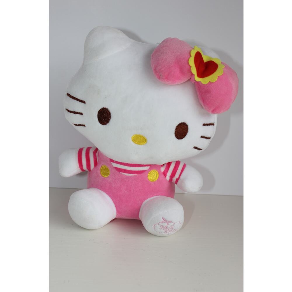 Hello Kitty Plush Stuffed Animal with Pink Dress and Bow, White Pink Cartoon